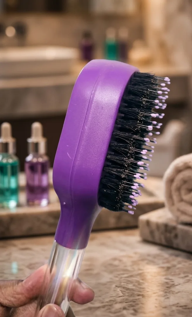 Violet water spray hair smoothing comb closeup
